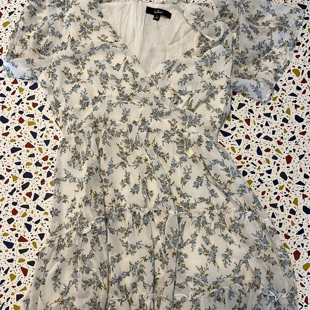 Lulu's White Midi Dress with Blue Floral Print